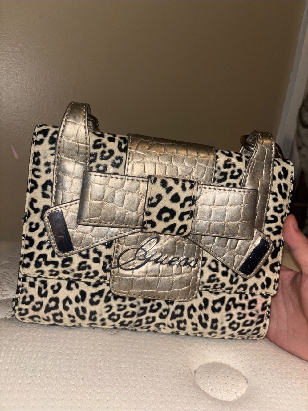 Vintage Guess Leopard Print Should Bag with Metallic Gold Bow Accent